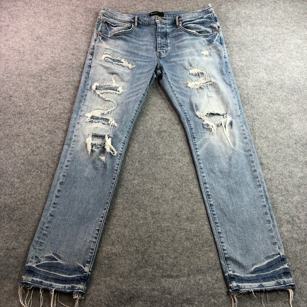 Purple Brand Mens P001 Jeans 40 Light Wash Blue Distressed Ripped Frayed Hem